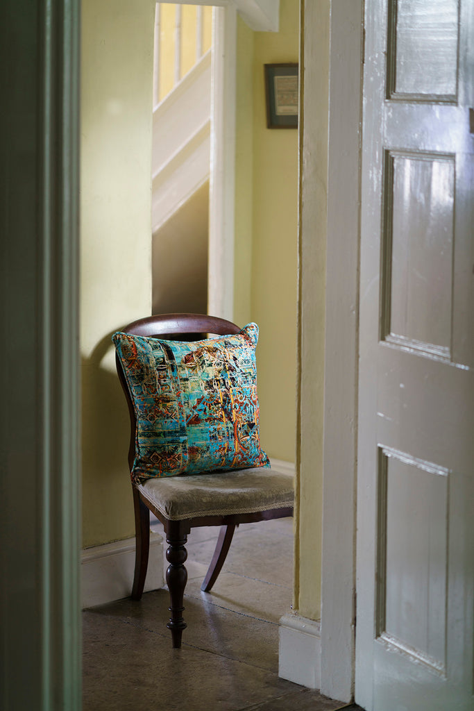 Blue abstract velvet cushion, Luxury velvet cushions, 48x48cm cushions, 55x55cm cushions, UK-made cushions, bespoke cushions, duck feather cushions, hypoallergenic cushions, interior shop in Derbyshire 