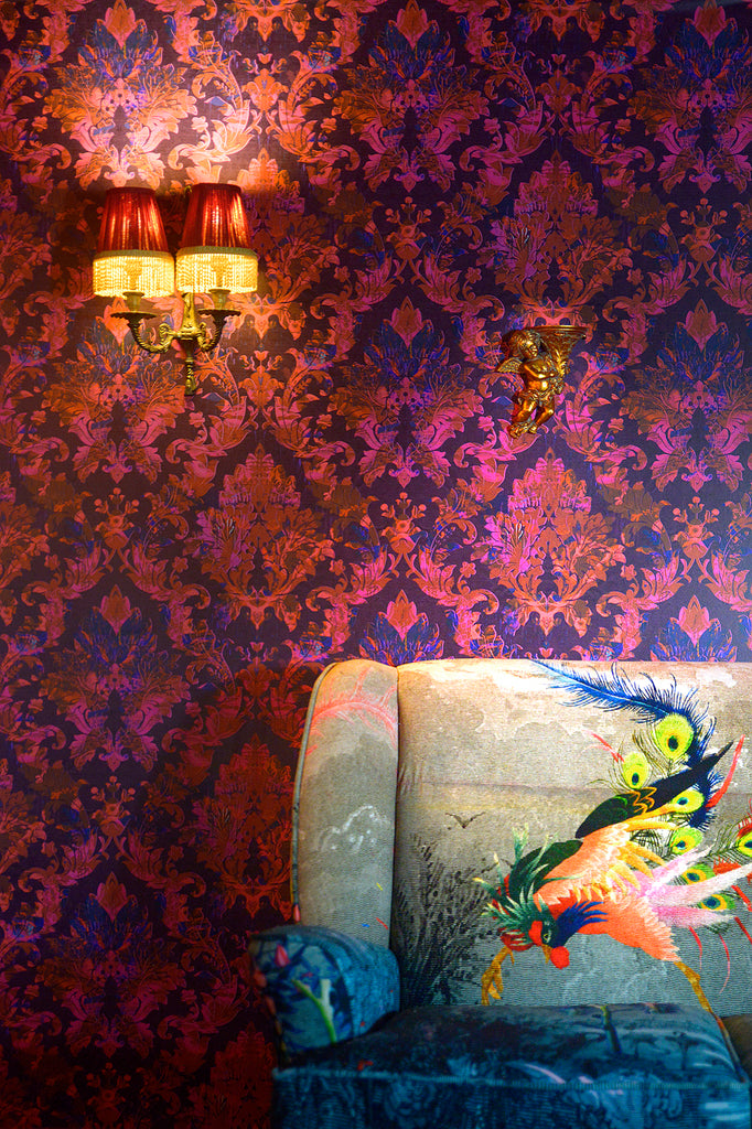 red boudoir wallpaper, dark red baroque wallpaper for walls, Dark moody room wallpaper, Wirksworth Textiles, Modern bedroom wallpaper