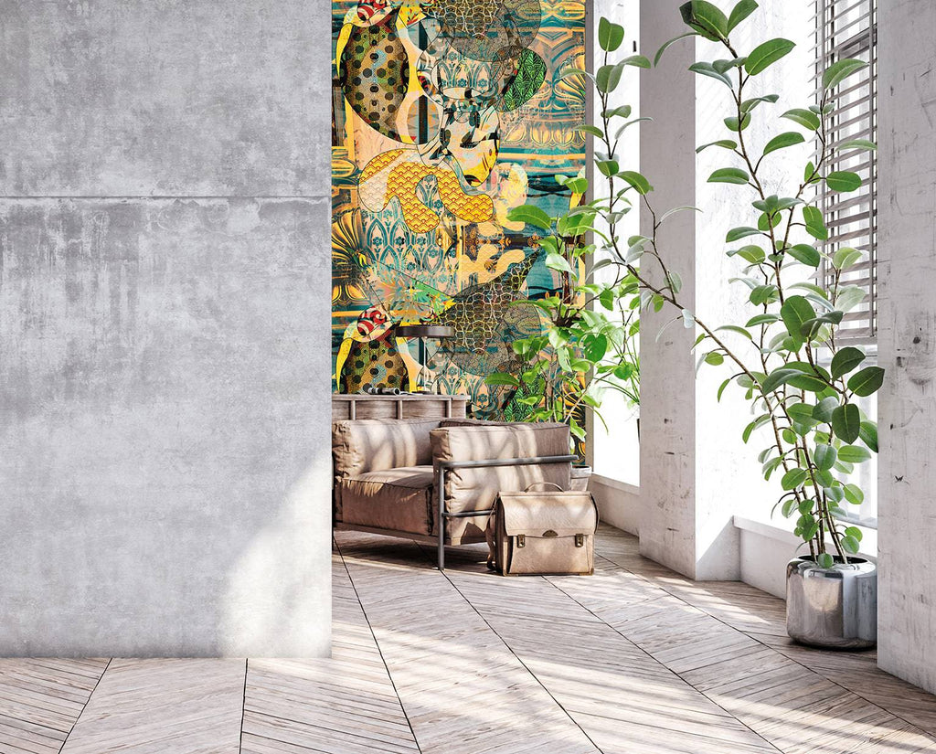 african inspired wallpapers, bright wallpaper for walls,textured wallpaper,summer 2022 wallpaper,luxury wallpaper uk,yellow wallpapers uk,african inspired walls made in england,contemporary african room design,yellow wallpaper for modern spaces,yellow and blue designer wallpaper,