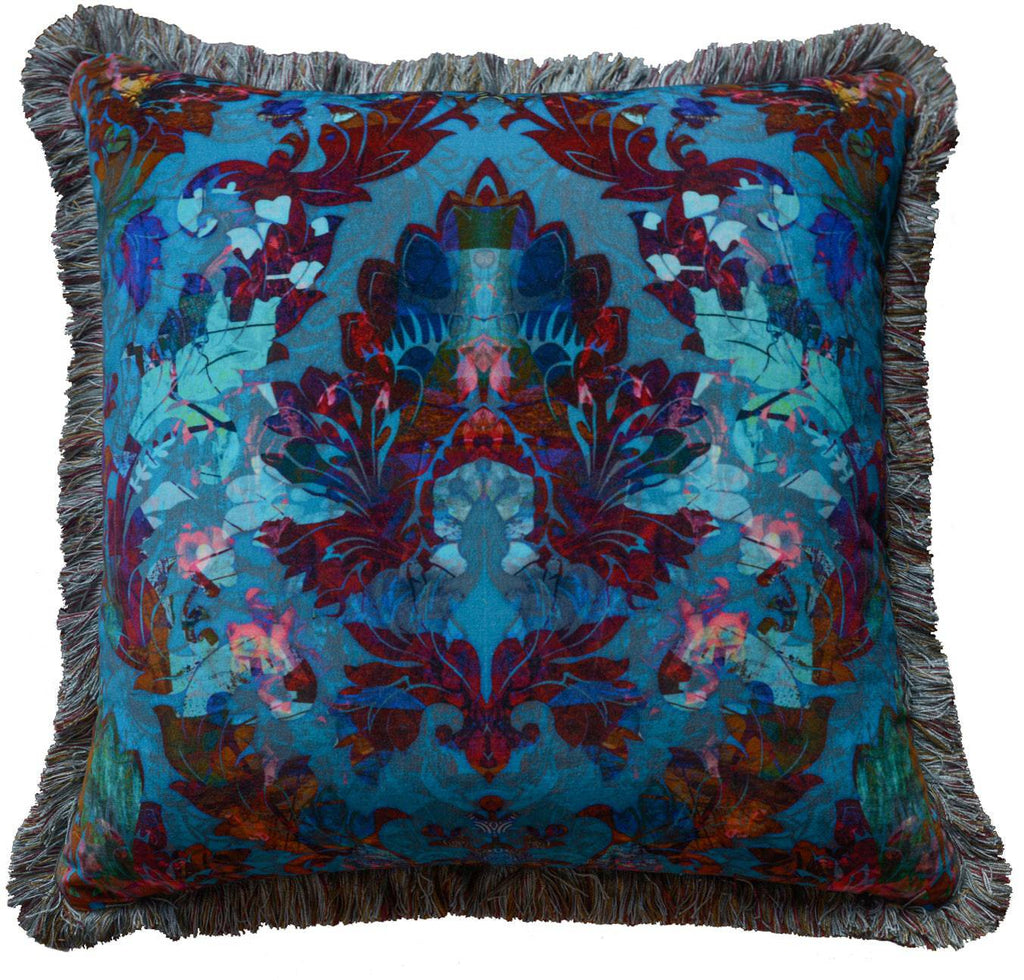 Blue damask cushion, designer cushions, luxury velvet, fringed cushions, statement cushions, interiors shop in Derbyshire, cushions made in the UK 