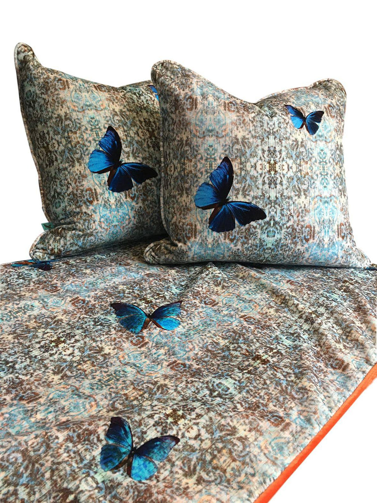 Chapelle Morpho Bed Runner - Blackpop | Designer Wallpaper, Luxury Fabric & Bespoke Furniture, velvet bed throw uk, velvet bed runners, blue butterfly quilt, bespoke velvet bed runners uk, luxury bed quilts,