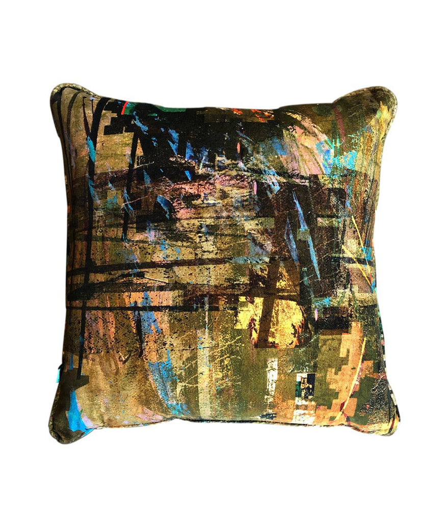 Green velvet cushion, Abstract pattern velvet cushion, Duck feather cushion, Luxury home decor, interios shop in derbyshire, Wirksworth textiles UK, Cushions sold in the UK, Velvet cushion piping finish 