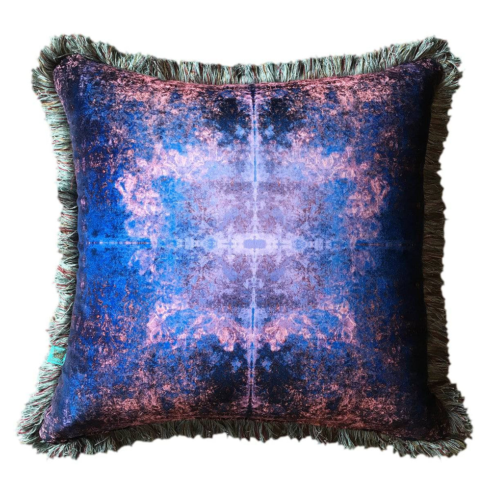 Pink purple velvet cushion, Blackpop cushions, designer velvet cushion,Bespoke interiors, velvet cushions with fringing, interiors shop in Derbyshire