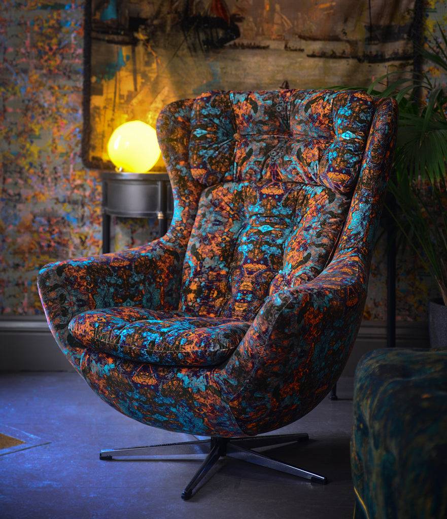 velvet chair for sale UK, luxury velvet chair for sale UK, Designer velvet chair for sale UK, velvet egg chair for sale UK, Retro swivel chair for sale UK, Patterned furniture for sale UK, Blackpop Design UK, Wirksworth design UK